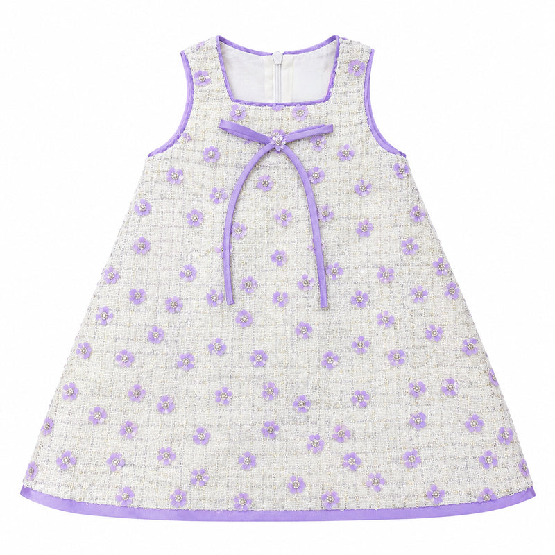 White Bouclé Tweed Dress with Lavender Flowers
