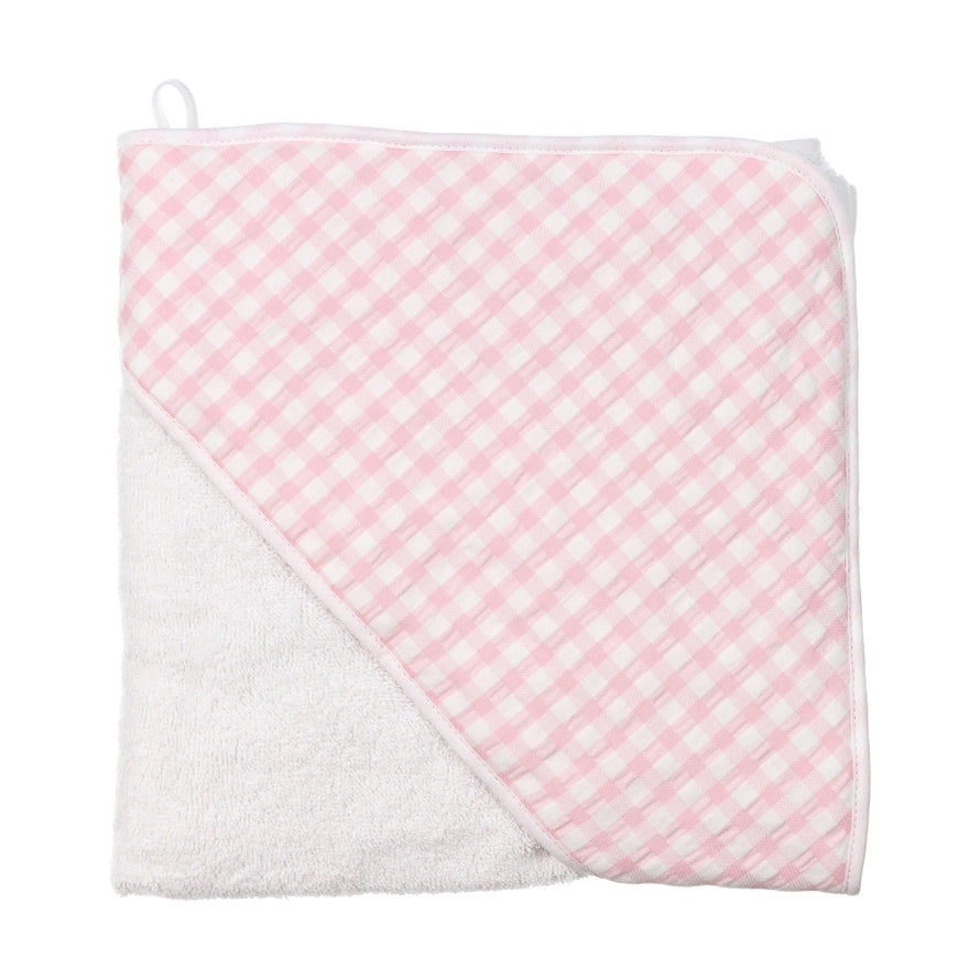 Hooded Checkered Pink and White Turkish Cotton Baby Towel