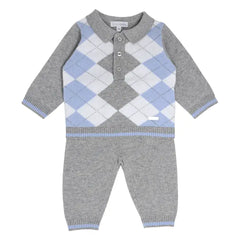 Grey Argyle Cotton Knit Two-Piece Set