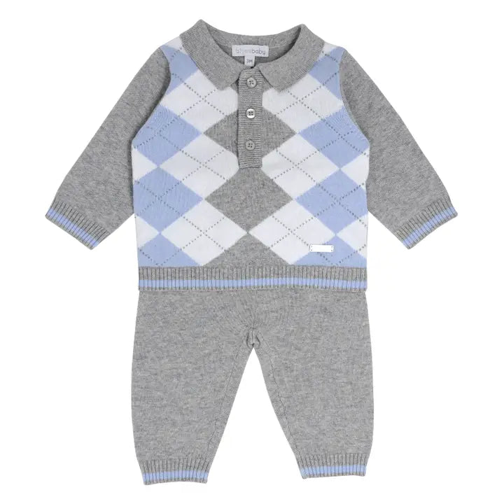 Grey Argyle Cotton Knit Two-Piece Set