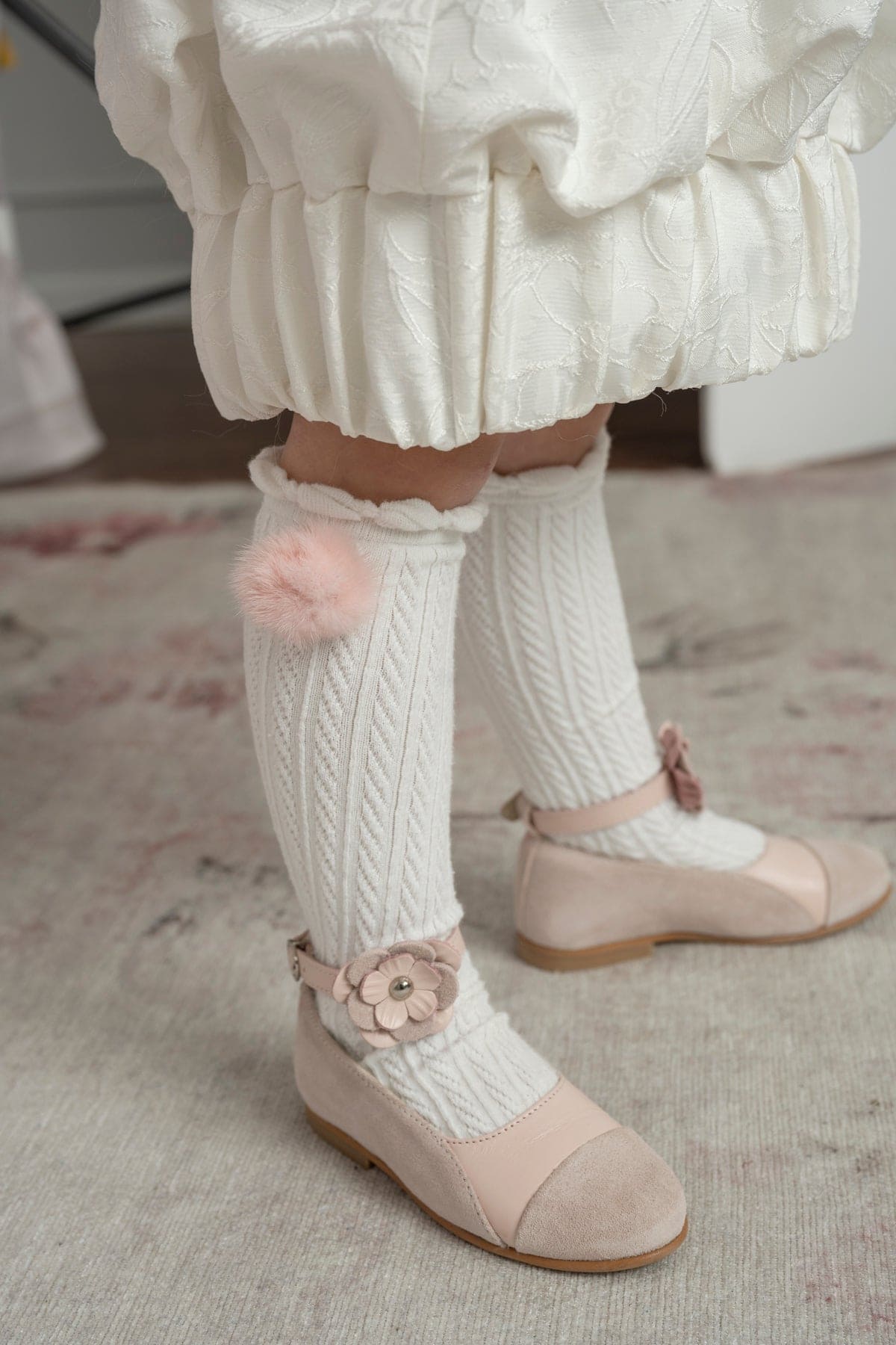 White Knee High Socks with Poms - Petite Maison Kids