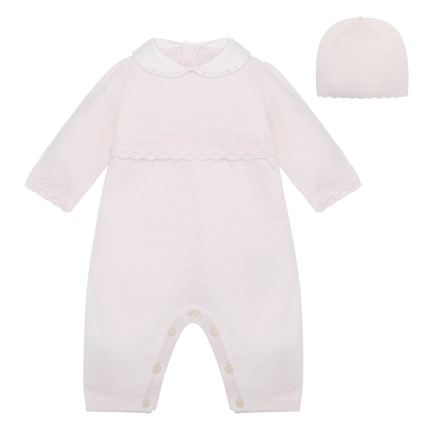 Kat Girls Pink Cotton Knitted All in One & Hat Set