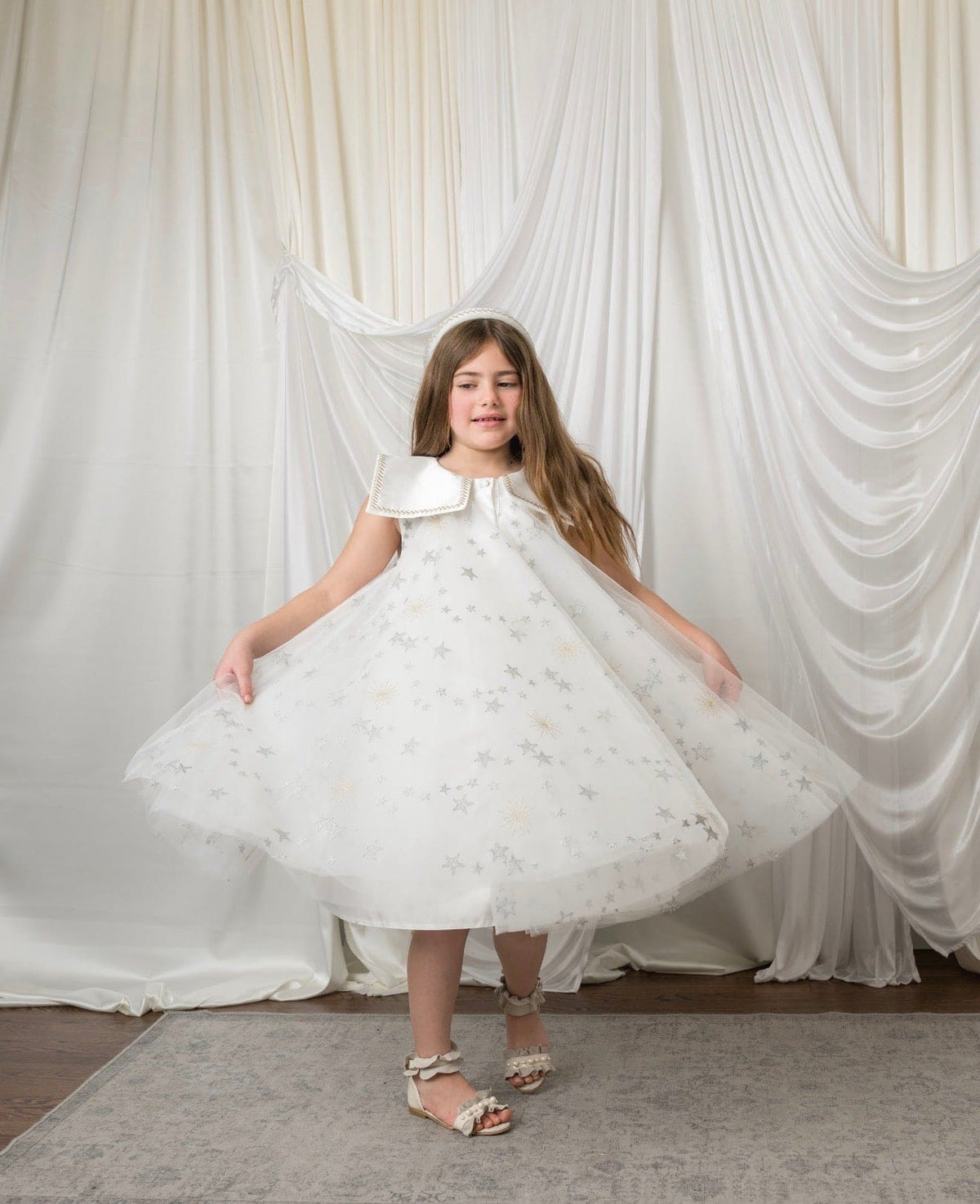 Star White Tulle Dress with Silver & Gold Embroidery