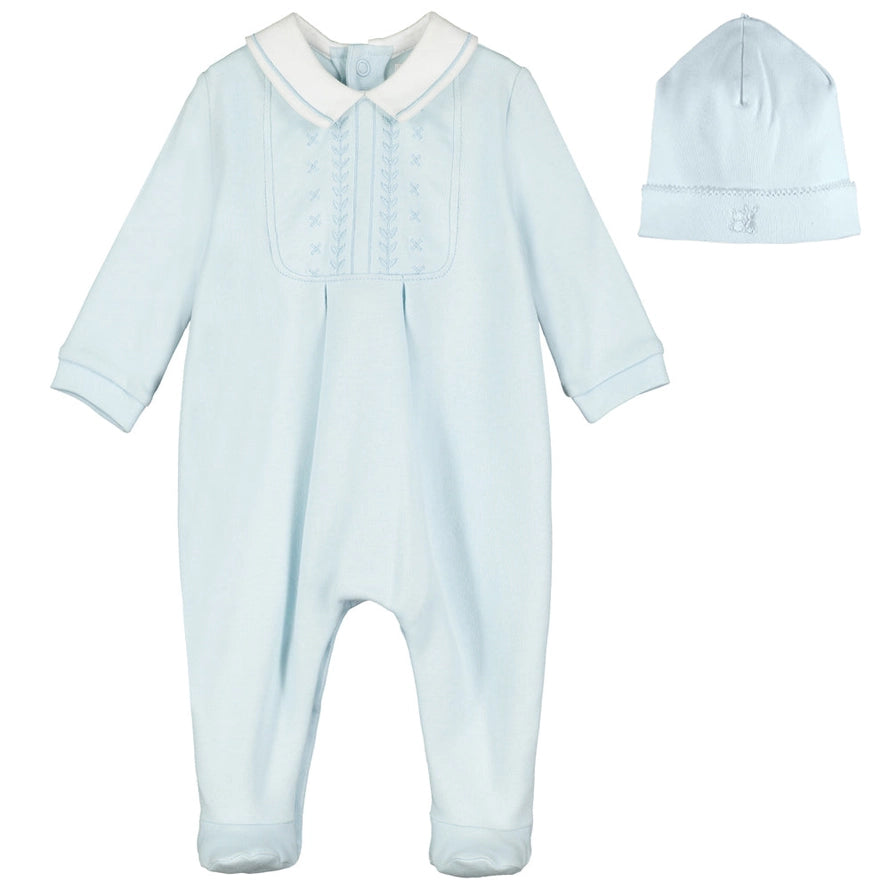 Malcolm Blue Cotton Knit Babygrow and Hat Set