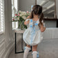 Daphne White Satin Romper with Blue Embroidery