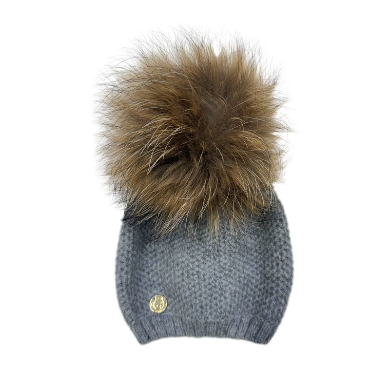 Honeycomb Grey Cashmere Beanie Hats - Natural Pom