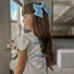 Daphne White Satin Dress with Blue Embroidery