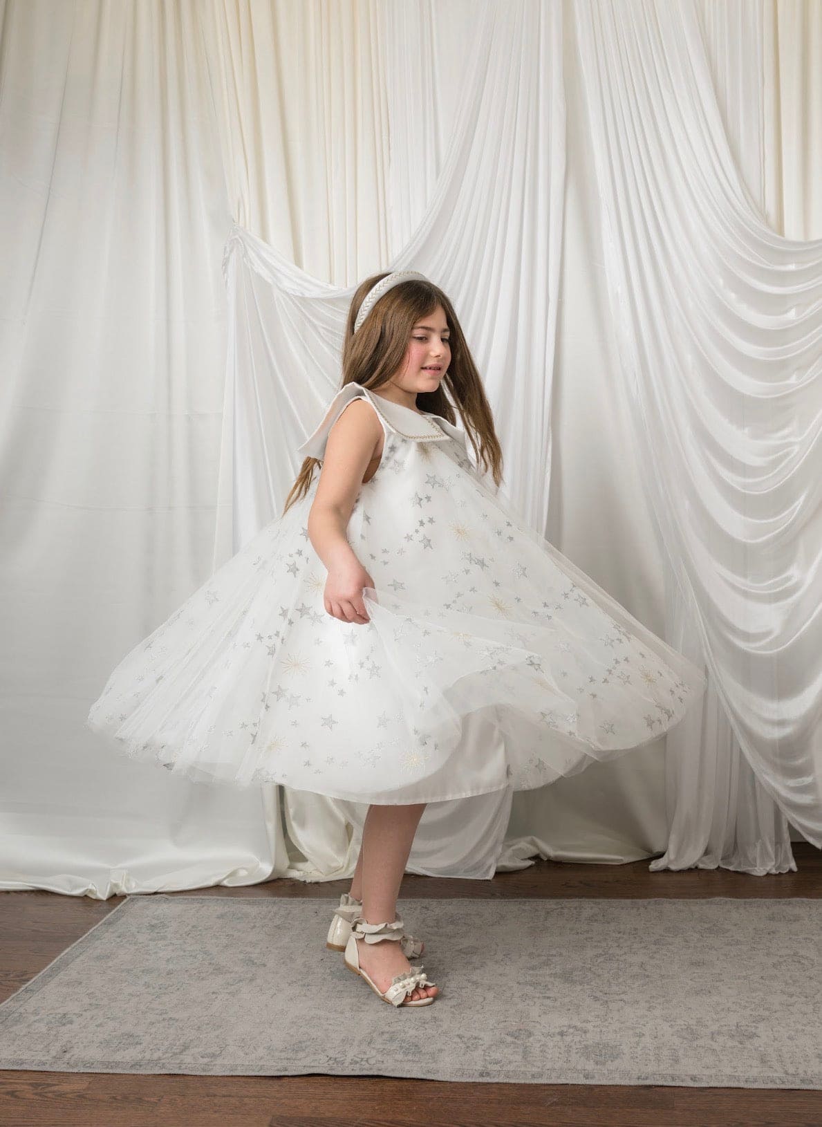 Star White Tulle Dress with Silver & Gold Embroidery