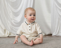 Brody Ivory with Black Trim Cotton Polo Top and Shorts Set - Petite Maison Kids