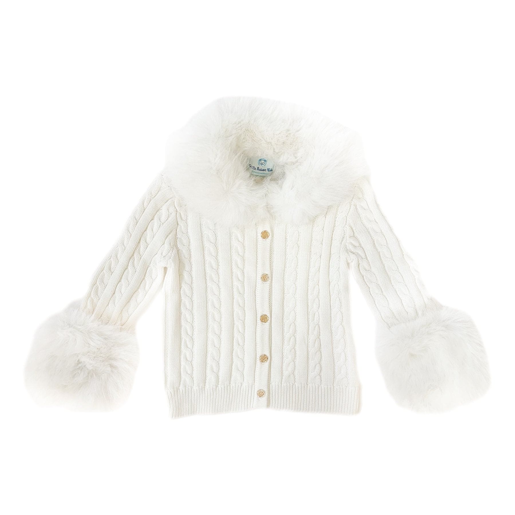 White Cableknit Faux Fur Cotton Cardigan