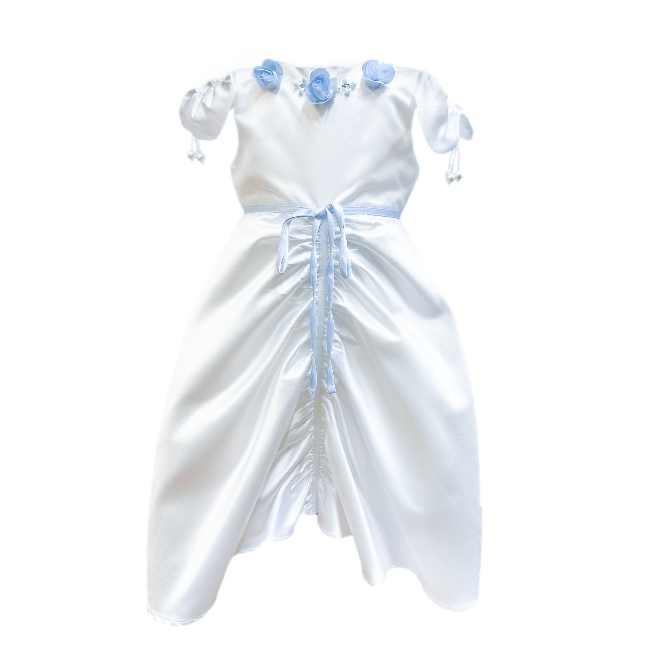 Daphne White Satin Dress with Blue Embroidery