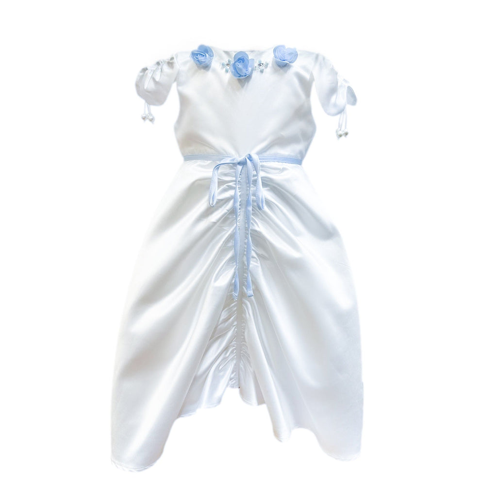 Daphne White Satin Dress with Blue Embroidery