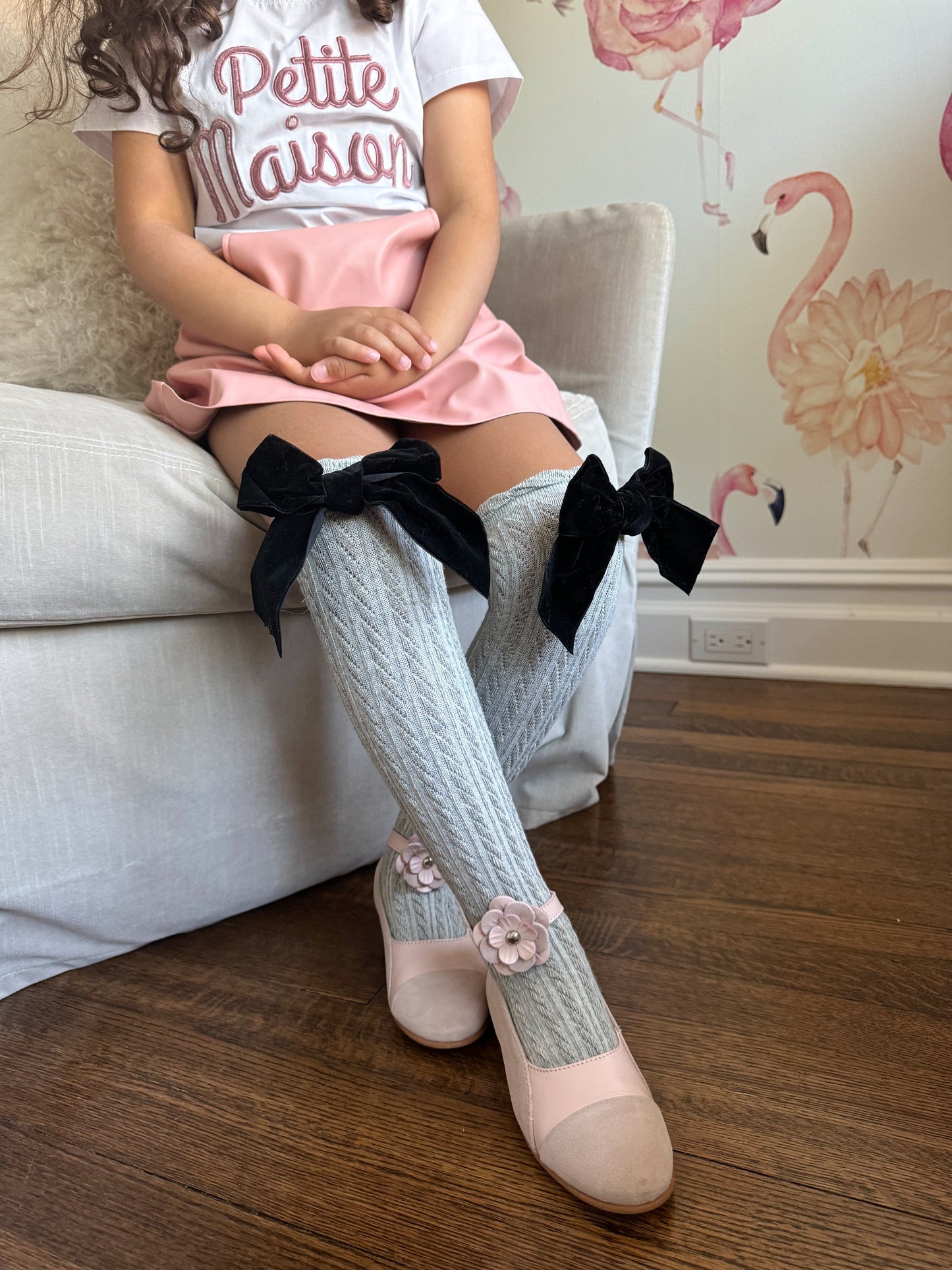 Grey Knee High Socks with Velvet Bows