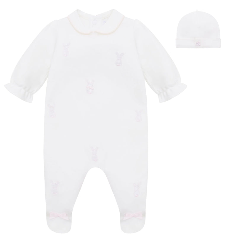 Lucy Girls White Bunny Embroidery Babygrow & Hat Set