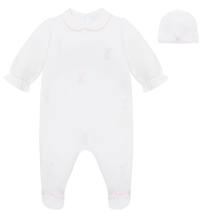 Lucy Girls White Bunny Embroidery Babygrow & Hat Set