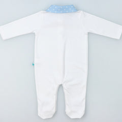 White Cotton Babygrow with Blue Collar and Feet with Stars