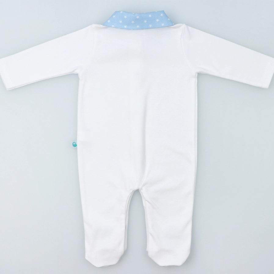 White Cotton Babygrow with Blue Collar and Feet with Stars