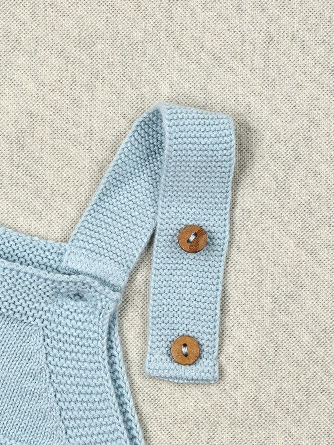 Baby Blue Cotton Knit Overalls with Wooden Buttons