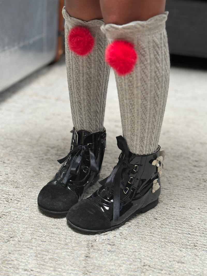 Grey Knee High Socks with Poms - Red Pom