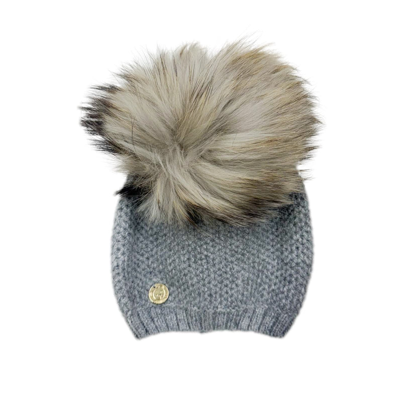 Honeycomb Grey Cashmere Beanie Hats - Grey Pom