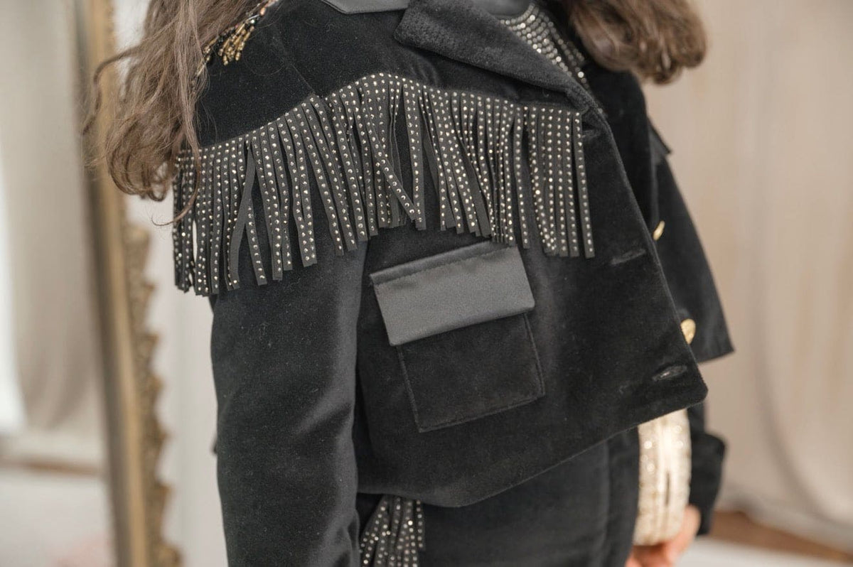 Girls' Black Cowboy Fringe Jacket with Gold Star Embroidery
