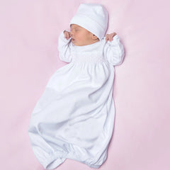 Solid Essentials White Pink Smocked Gown — Pima Cotton Newborn Gown