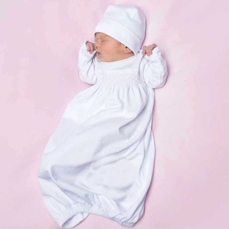 Solid Essentials White Pink Smocked Gown — Pima Cotton Newborn Gown