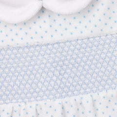 George White with Blue  Polka Dot Velour Babygrow