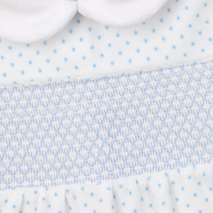 George White with Blue  Polka Dot Velour Babygrow