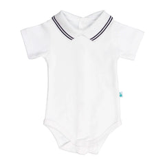 White Cotton Baby Bodysuit Onesie with Navy Blue Stripes Collar