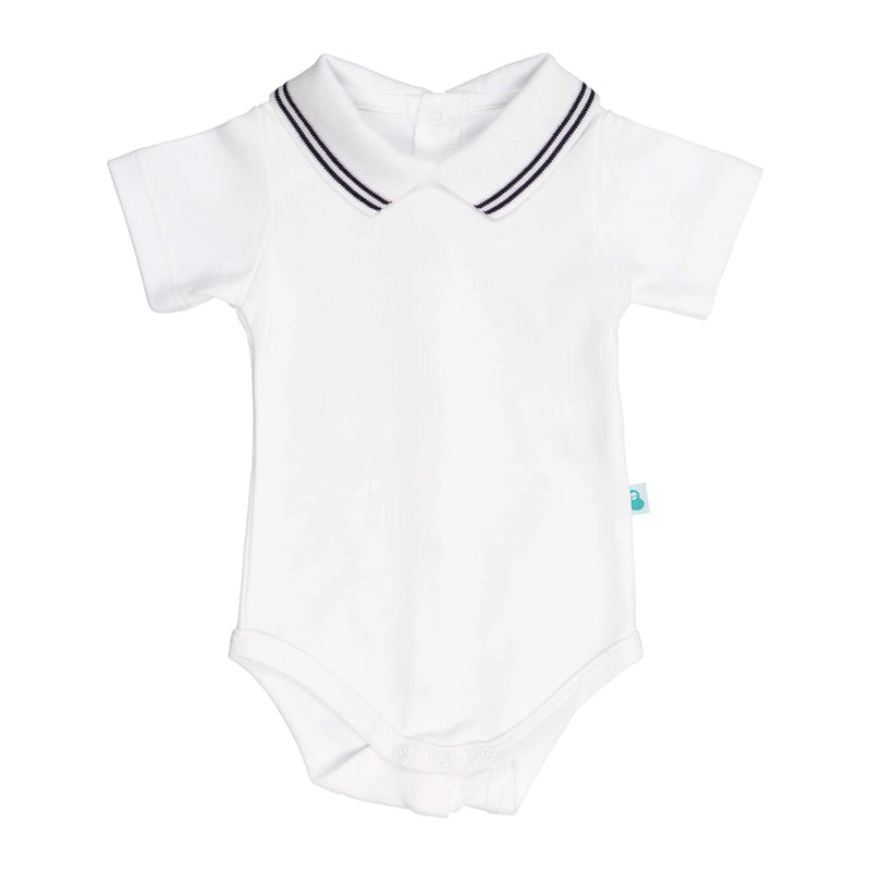 White Cotton Baby Bodysuit Onesie with Navy Blue Stripes Collar