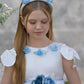 Daphne White Satin Headband with Blue Embroidery