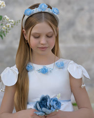 Daphne White Satin Headband with Blue Embroidery