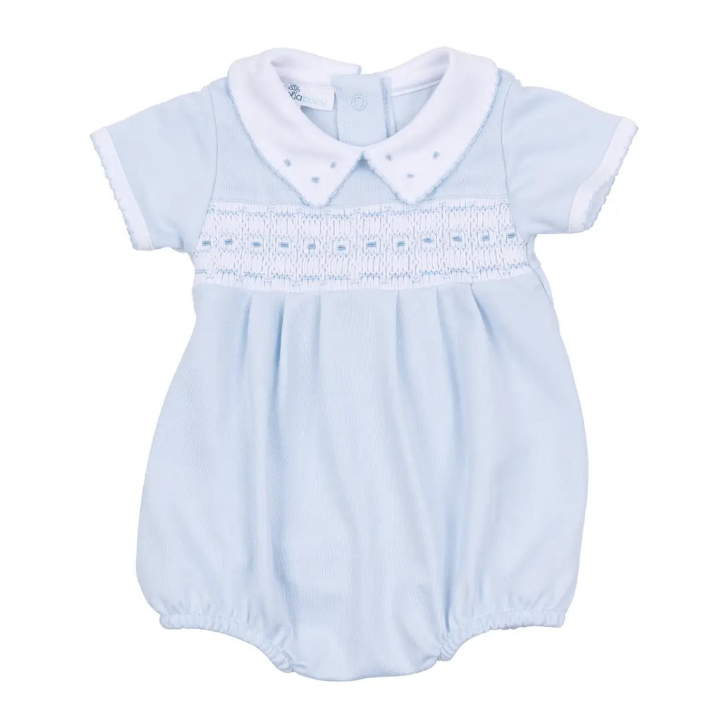 Landry Smocked Light Blue Pima Cotton Romper