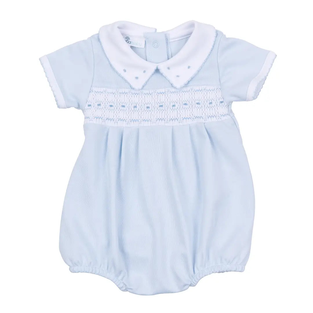 Landry Smocked Light Blue Pima Cotton Romper