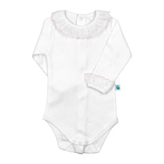 Baby White Cotton Bodysuit Onesie with Pink Swiss Dot Ruffle Collar