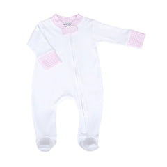 White Pima Cotton Zip Footie with Pink Mini Check Trim
