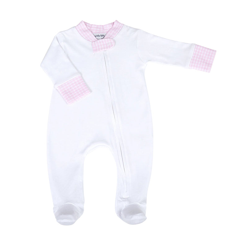 White Pima Cotton Zip Footie with Pink Mini Check Trim