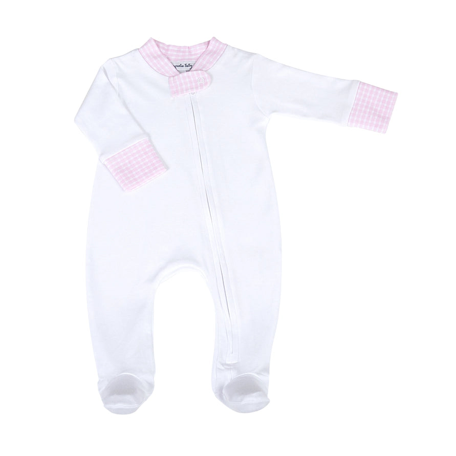White Pima Cotton Zip Footie with Pink Mini Check Trim