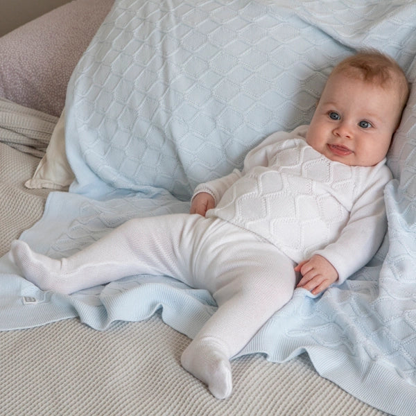 White Knitted Diamond Print Cotton Baby Set