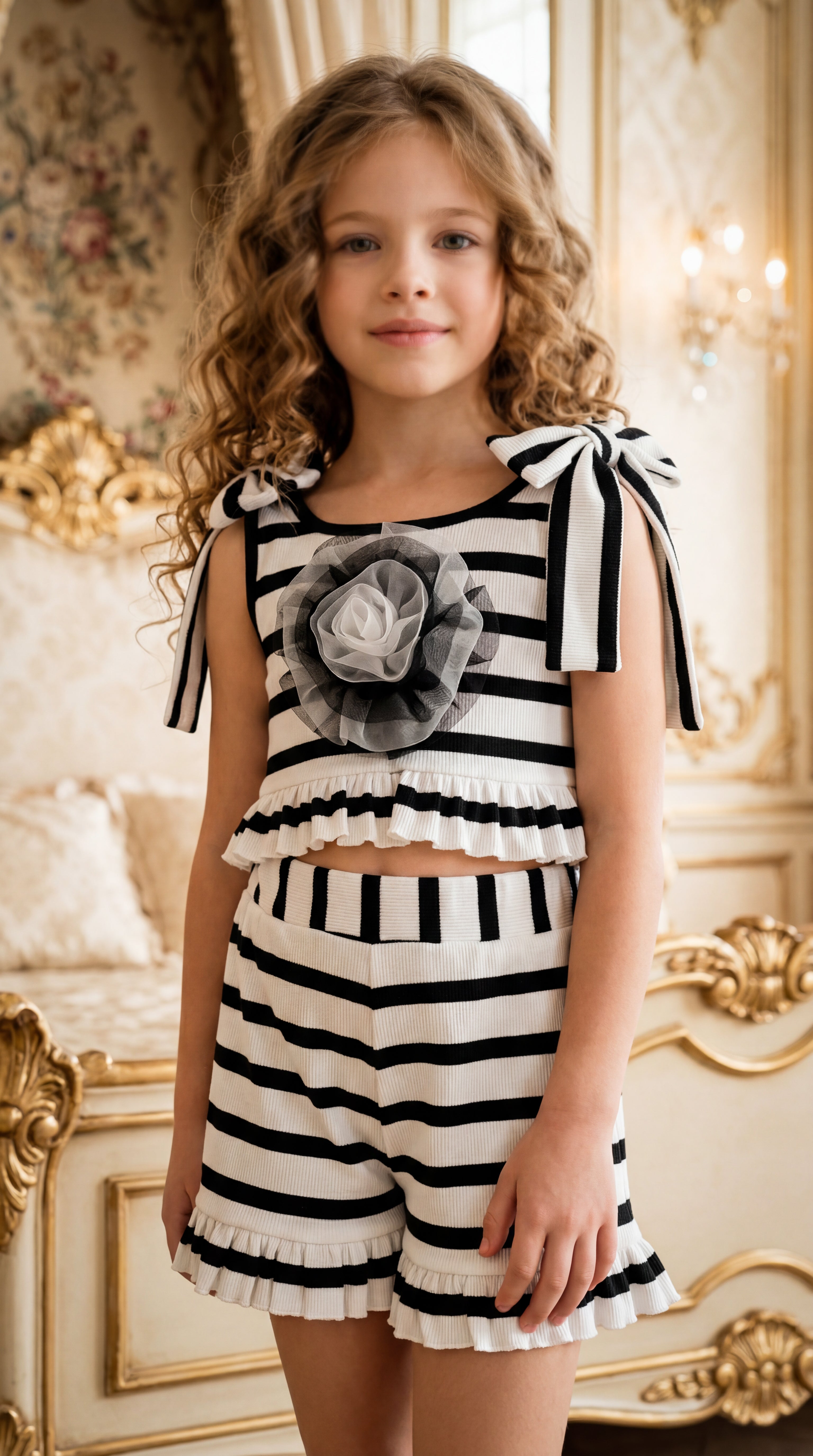 Monaco Black and White Striped Girls' Top and Shorts Set