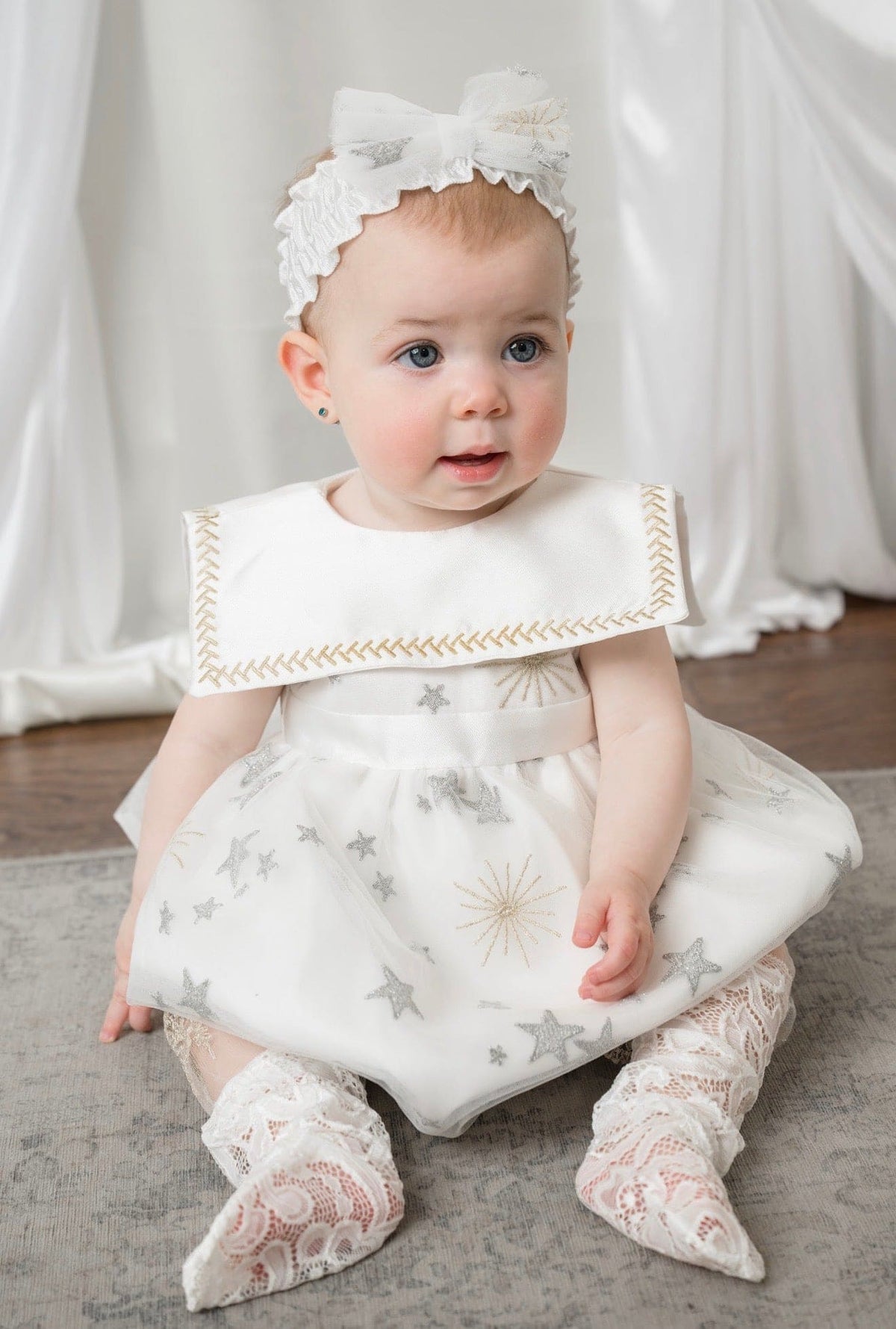 Star White Tulle Romper with Silver & Gold Embroidery