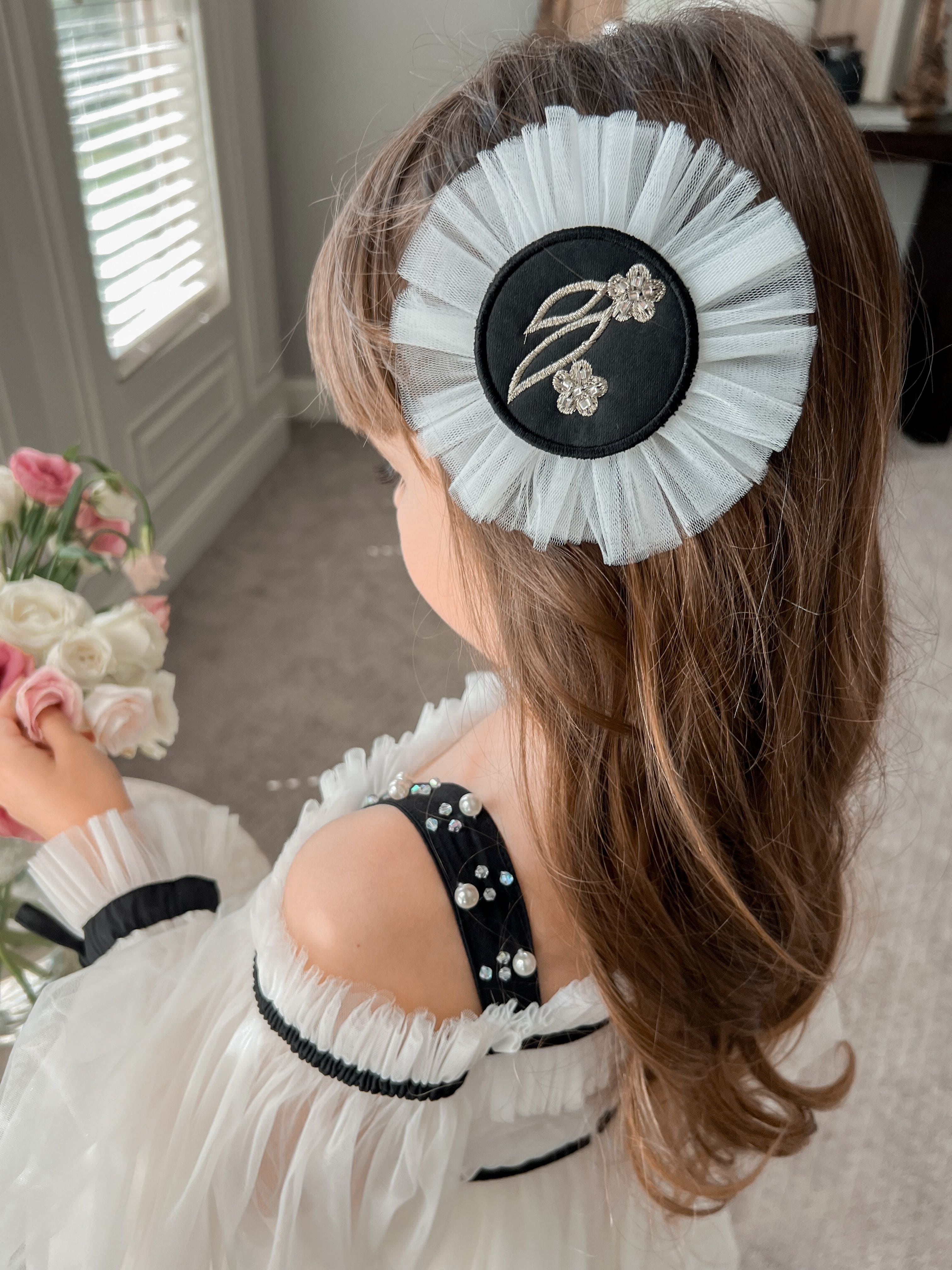 Aurora Embroidered White and Black Hair Clip