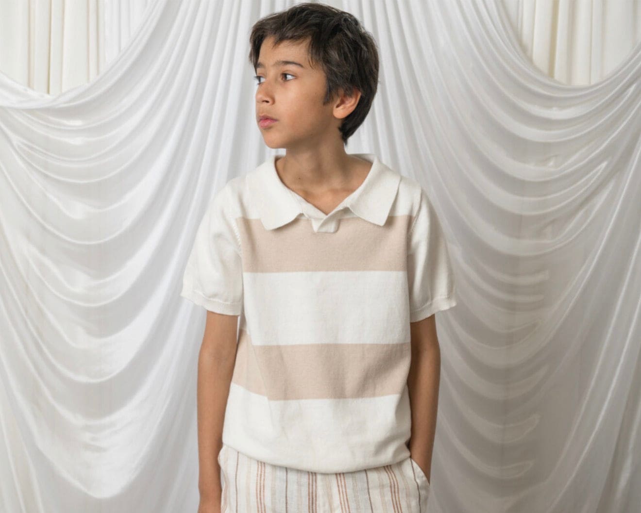 Bennet White And Beige Cotton Knit Shirt - Petite Maison Kids