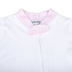 White Pima Cotton Zip Footie with Pink Mini Check Trim