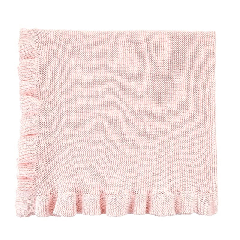 Pink Knit Baby Blanket with Ruffle Trim
