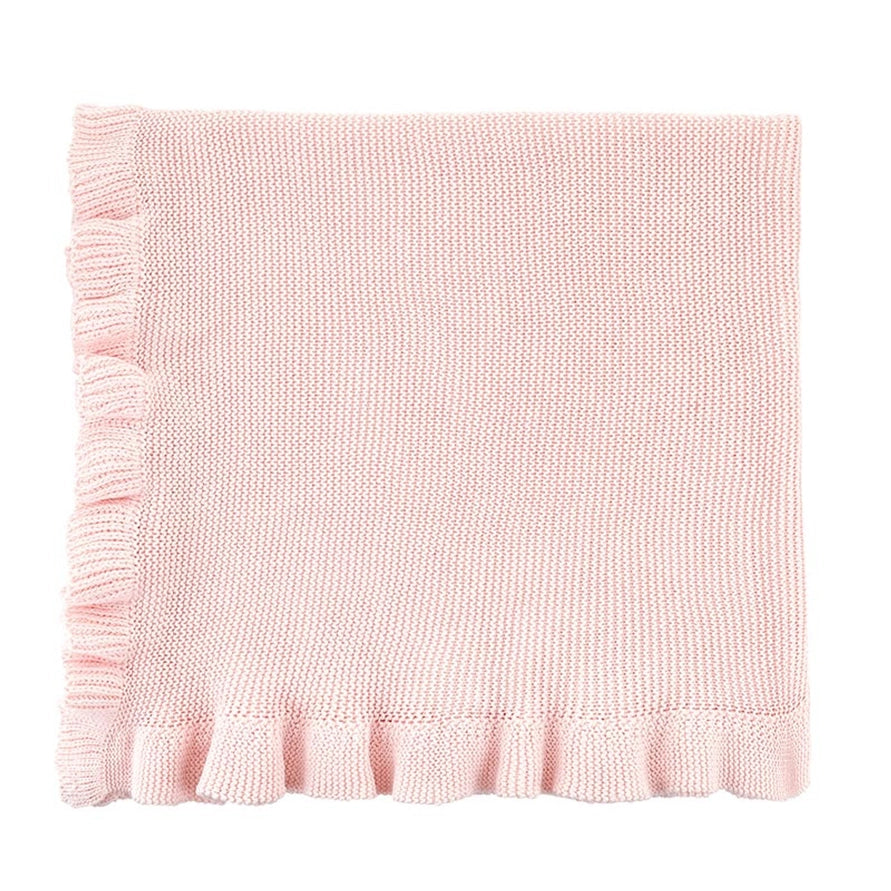 Pink Knit Baby Blanket with Ruffle Trim