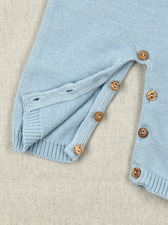 Baby Blue Cotton Knit Overalls with Wooden Buttons