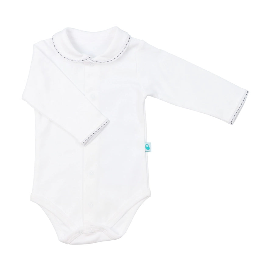 White Bodysuit Long Sleeve Onesie with Navy Blue Peter Pan Collar