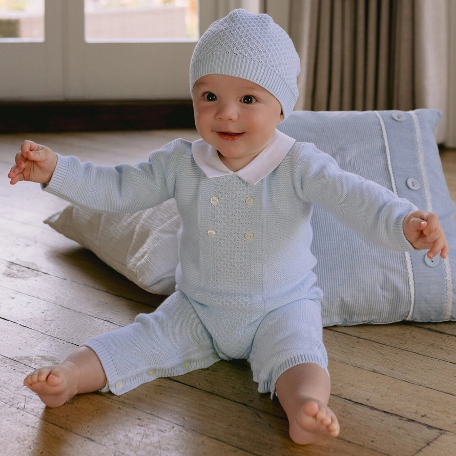 Drew Blue Cotton Knit Babygrow and Hat Set